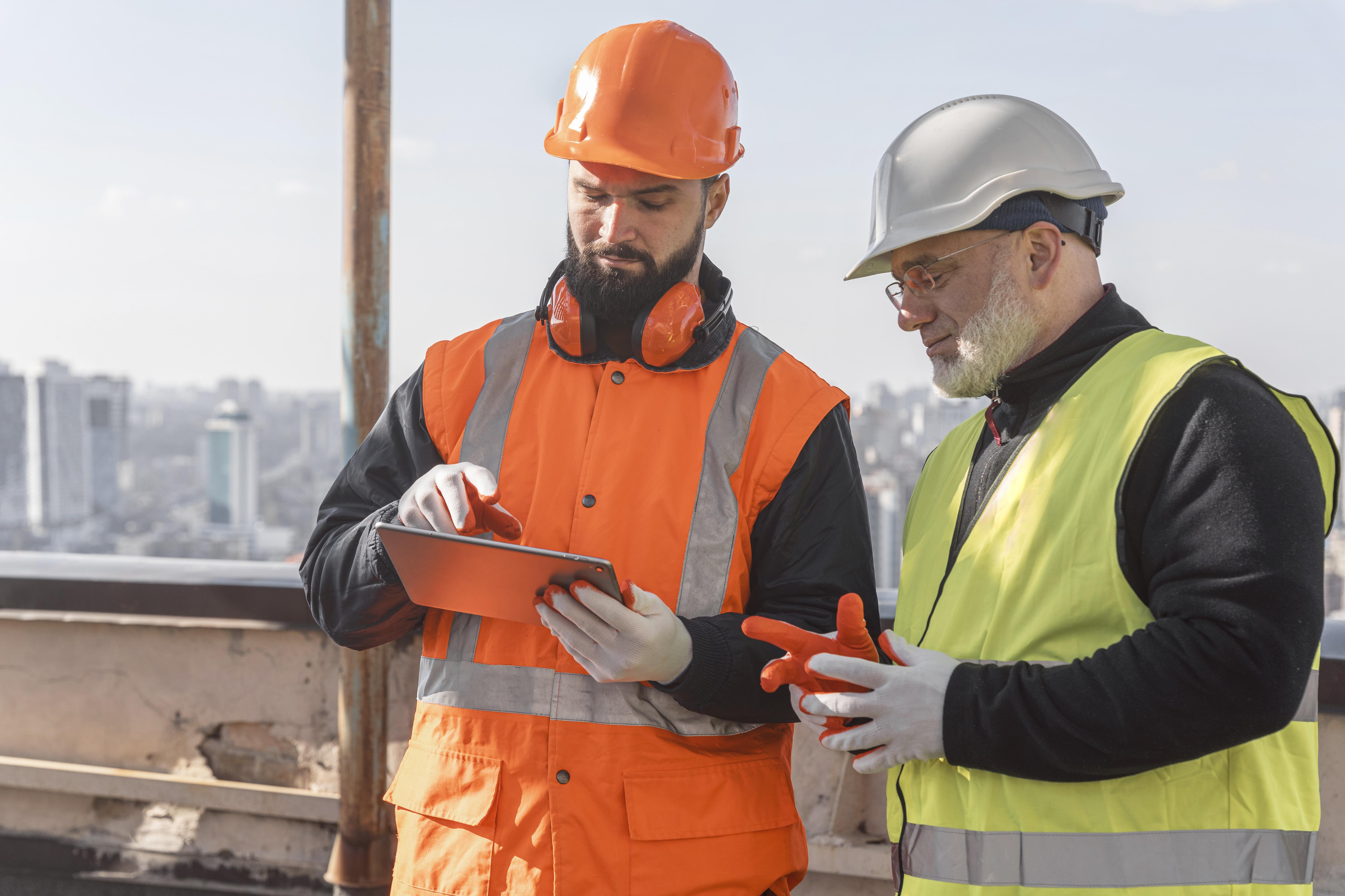 Trabajadores en obra con cascos de seguridad